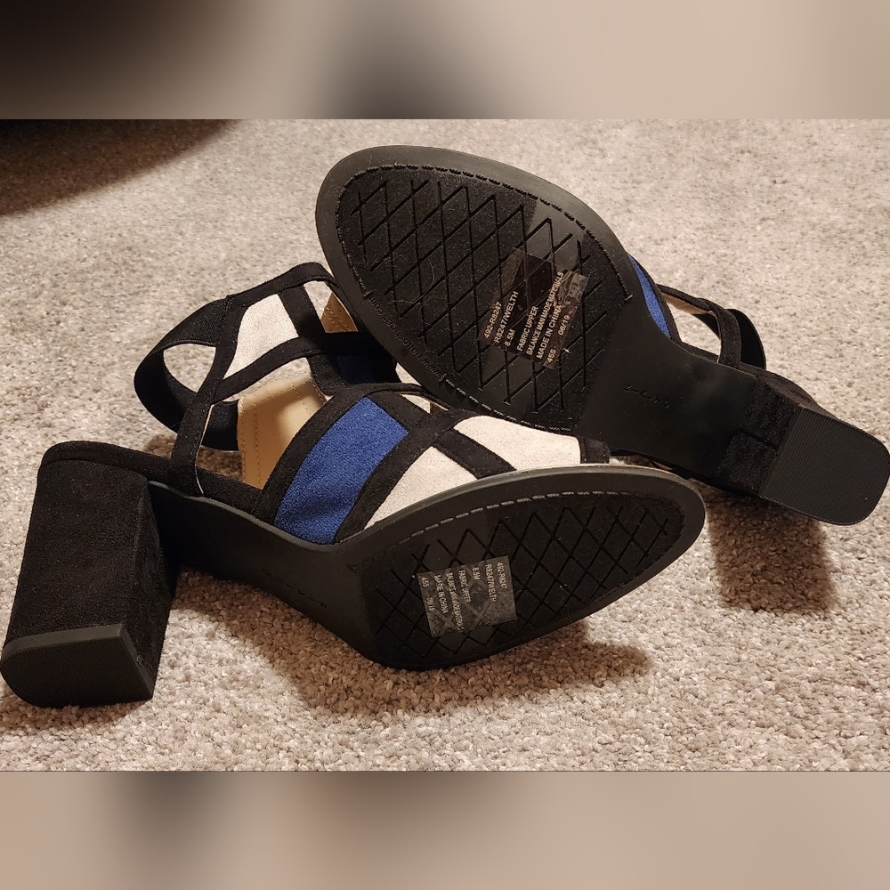 Rialto "Welth" open toe heeled sandals, navy/tan multi-color sueded, sz: 8.5 NIB - Picture 7 of 11